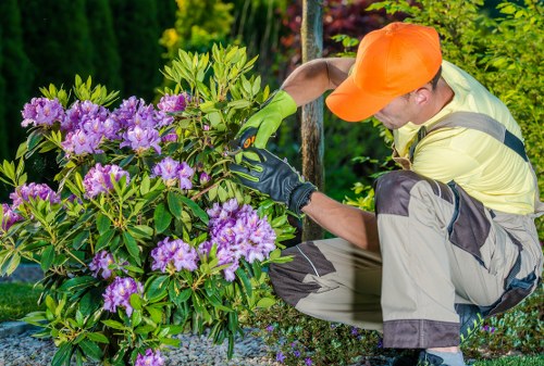 Team beginning a garden maintenance job with tools at site entrance