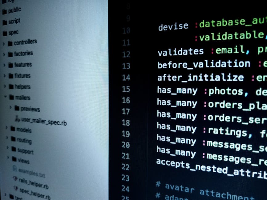 A computer screen displaying a code editor with colorful syntax highlighting, showing lines of programming code related to database validation and email processing. On the left, a file explorer panel
